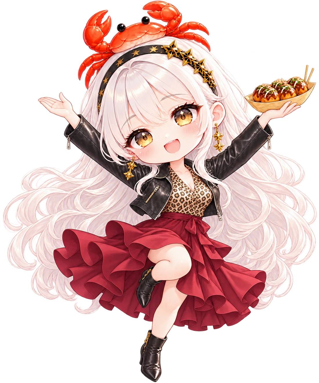 Chibi MIRAI in a leather jacket and leopard-print blouse, with a red crab on her head and takoyaki in one raised hand.