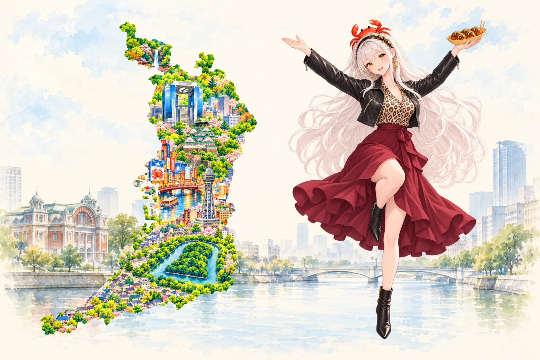 Osaka’s watercolour prefecture silhouette beside MIRAI in a cropped leather jacket and leopard-print blouse, holding takoyaki in a celebratory pose, against a soft Nakanoshima-inspired background.