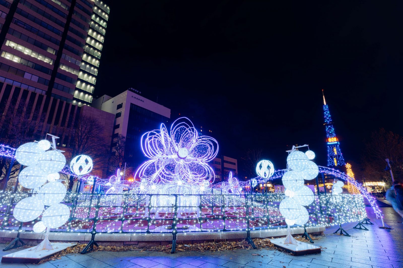 Purple flower-shaped and white illuminated sculptures with Sapporo TV Tower behind them.