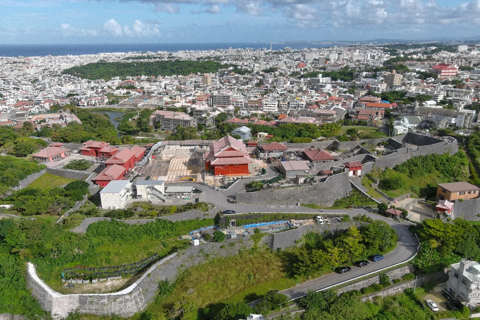 The castle grounds, Naha city and sea in a wider view.