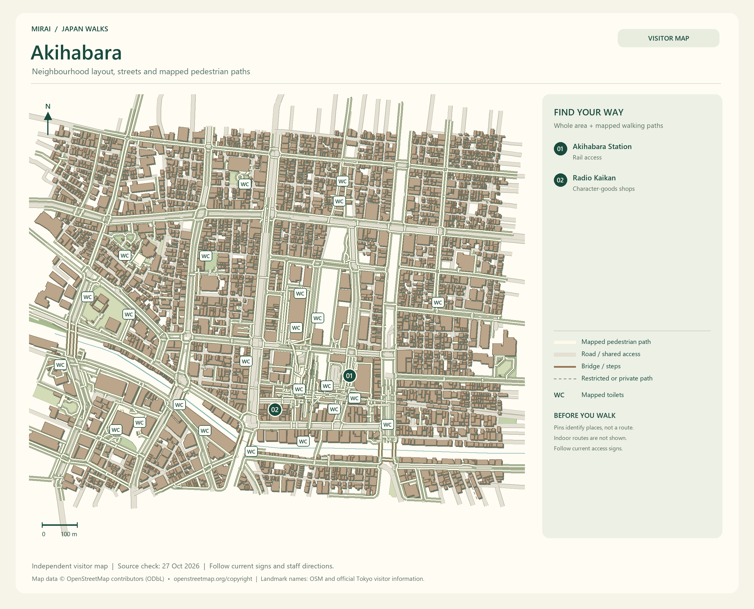 English visitor map of Akihabara showing the area layout, mapped pedestrian paths, roads, buildings and numbered sights.