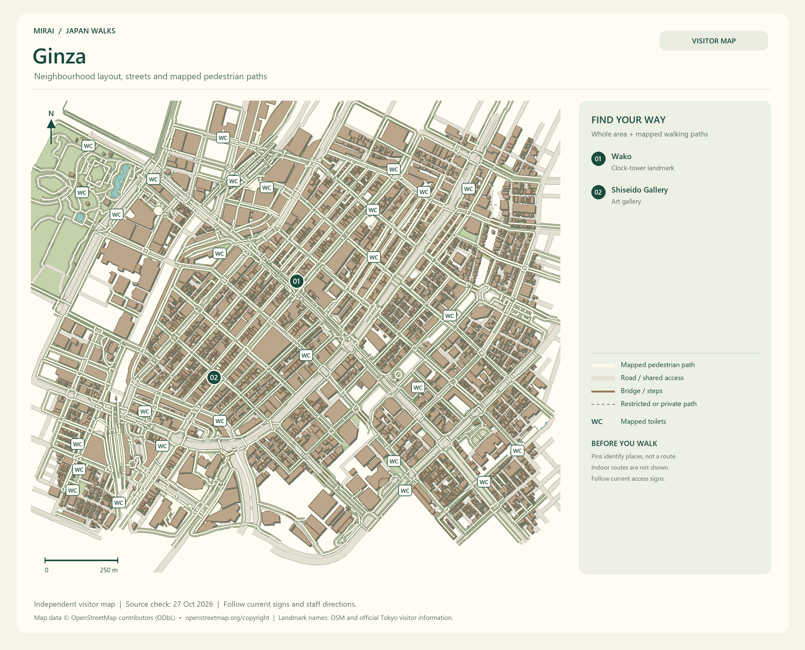 English visitor map of Ginza showing the area layout, mapped pedestrian paths, roads, buildings and numbered sights.