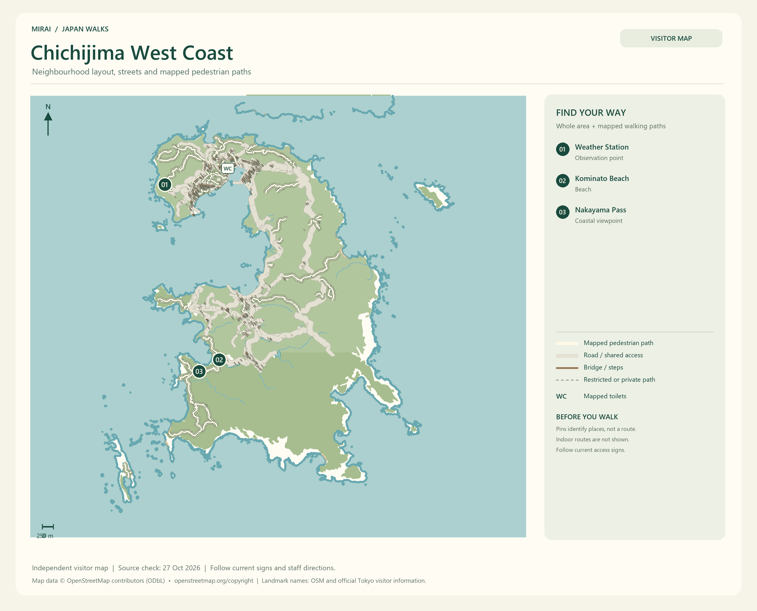 English visitor map of Chichijima West Coast showing the area layout, mapped pedestrian paths, roads, buildings and numbered sights.