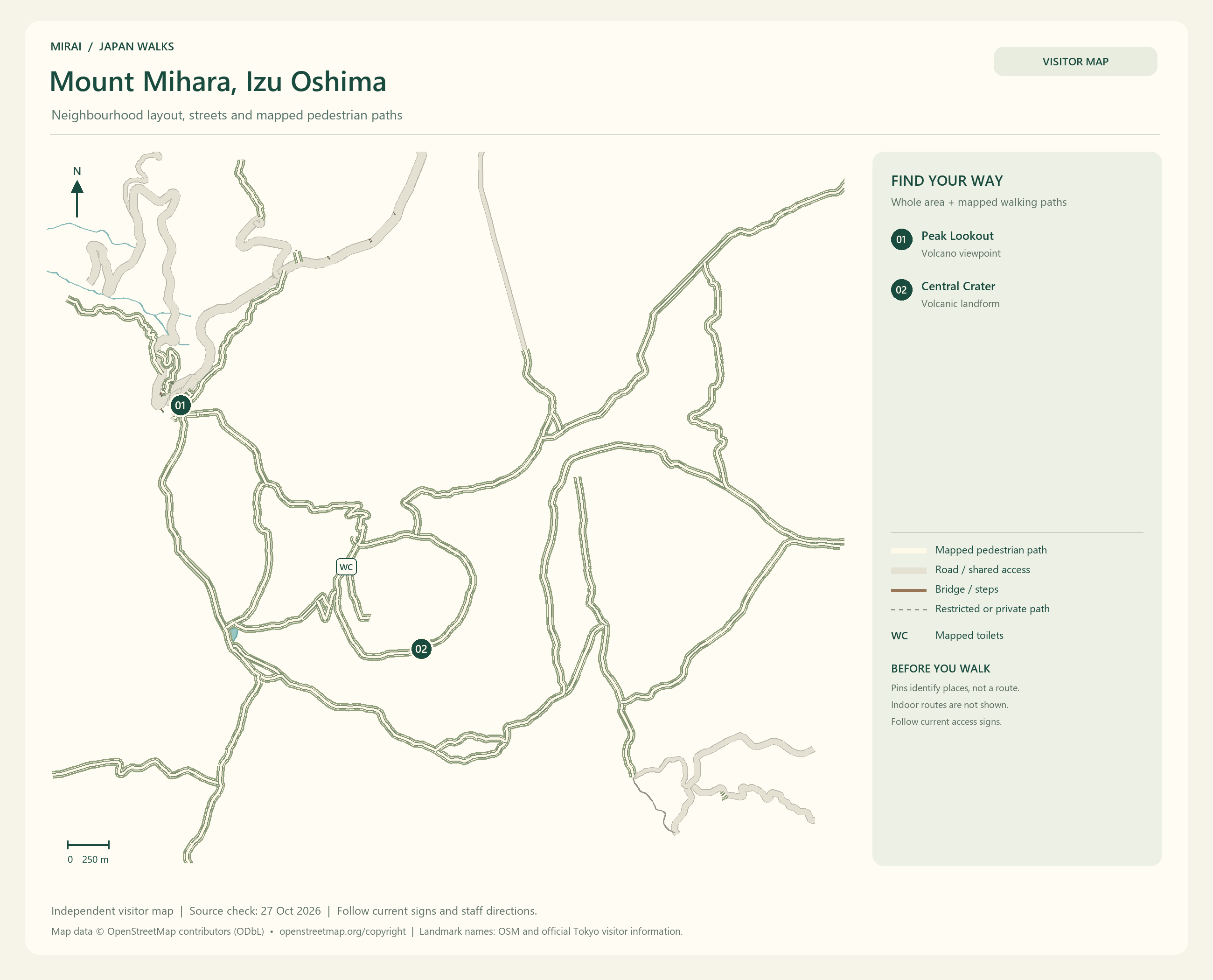 English visitor map of Mount Mihara, Izu Oshima showing the area layout, mapped pedestrian paths, roads, buildings and numbered sights.