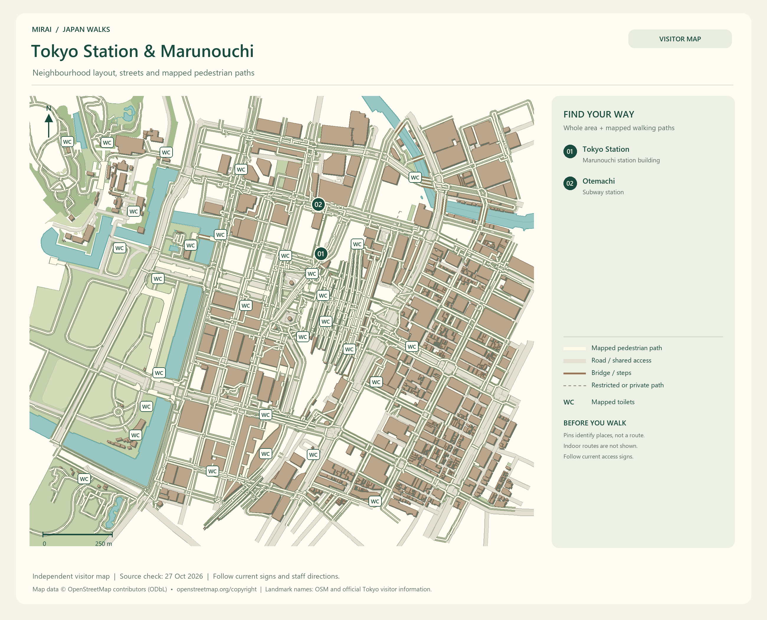 English visitor map of Tokyo Station & Marunouchi showing the area layout, mapped pedestrian paths, roads, buildings and numbered sights.