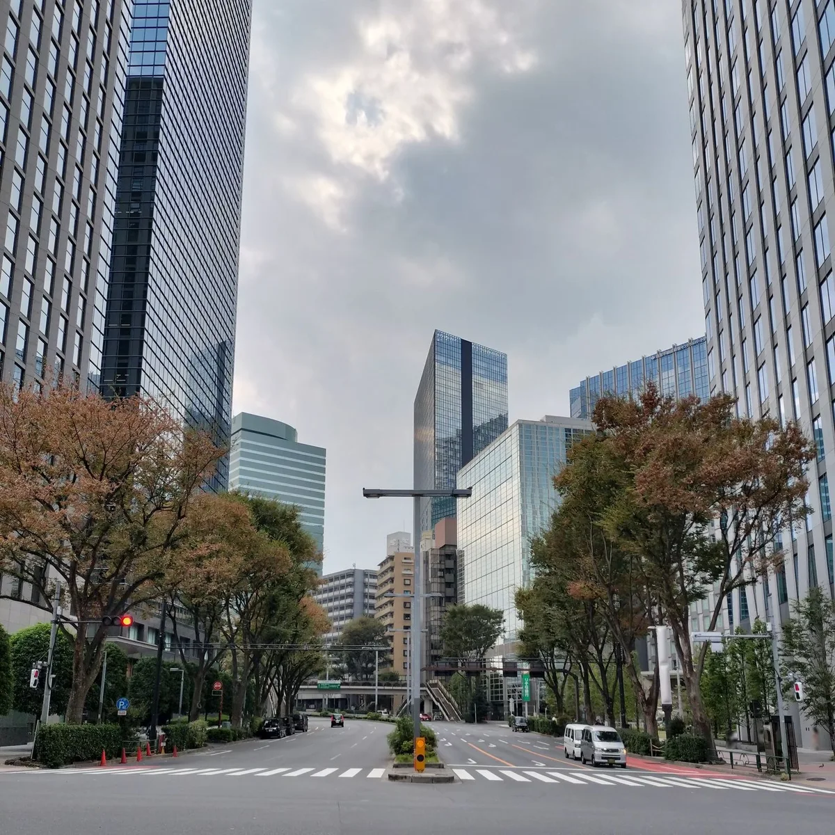 A street among the office buildings of western Shinjuku.