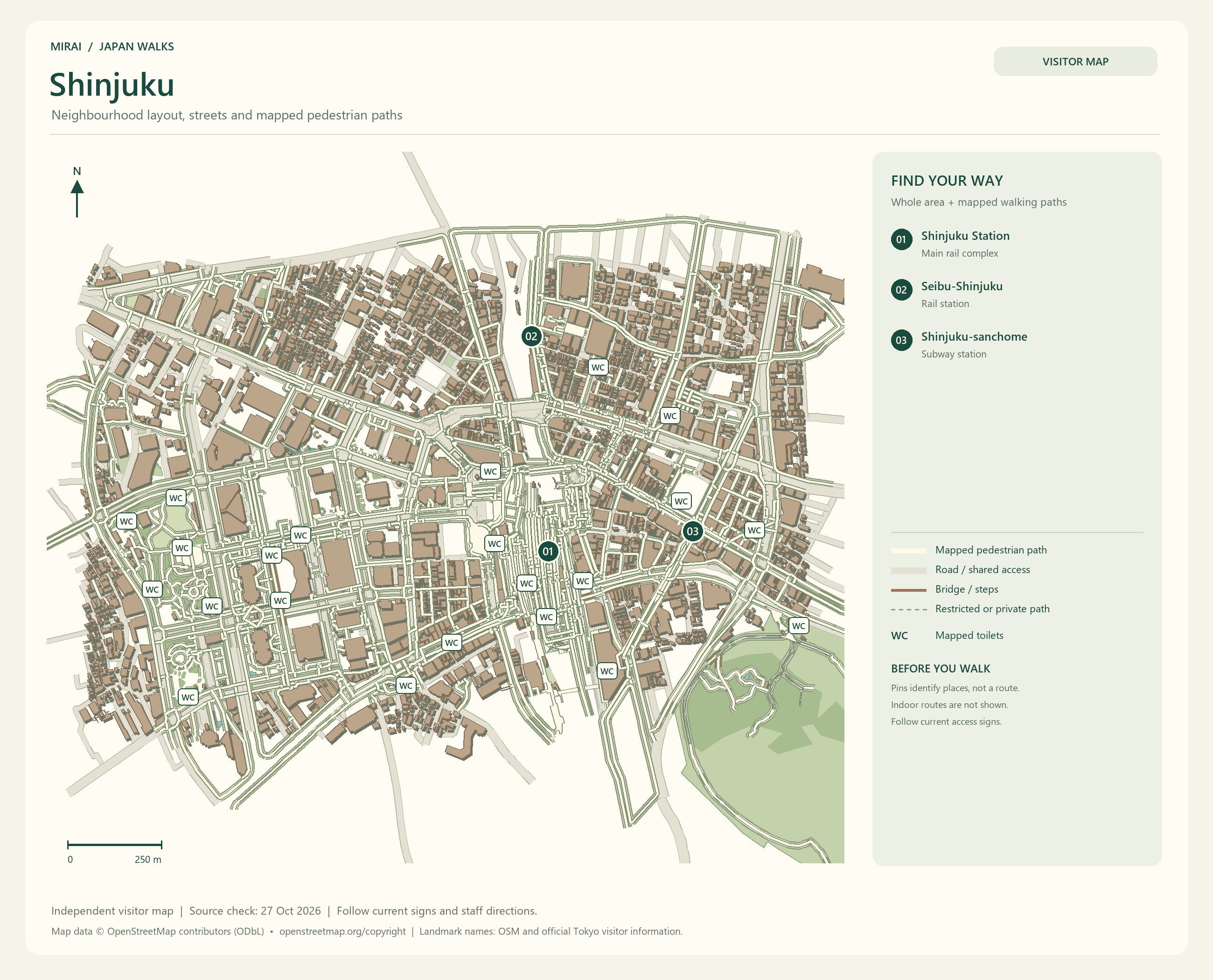 English visitor map of Shinjuku showing the area layout, mapped pedestrian paths, roads, buildings and numbered sights.