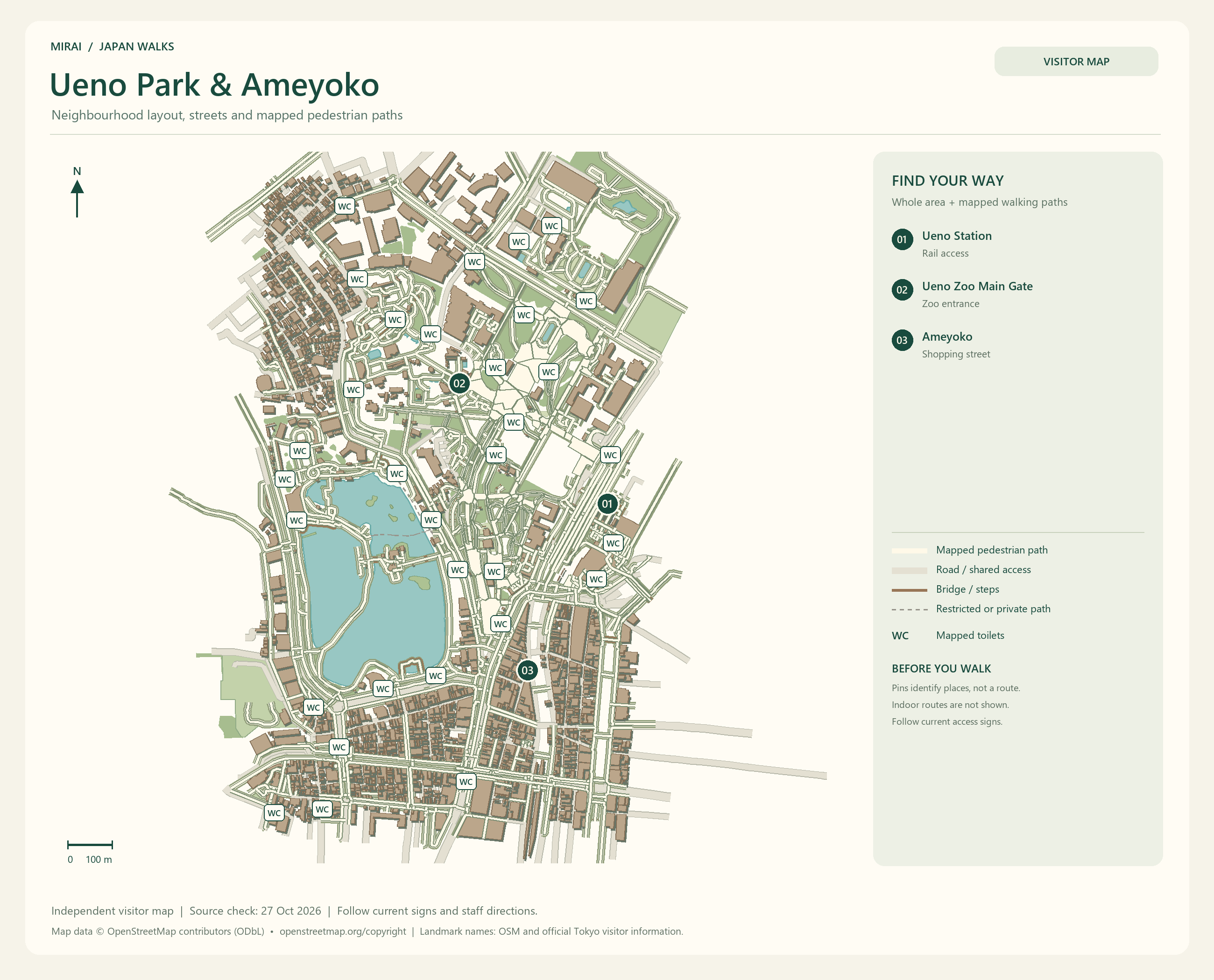 English visitor map of Ueno Park & Ameyoko showing the area layout, mapped pedestrian paths, roads, buildings and numbered sights.